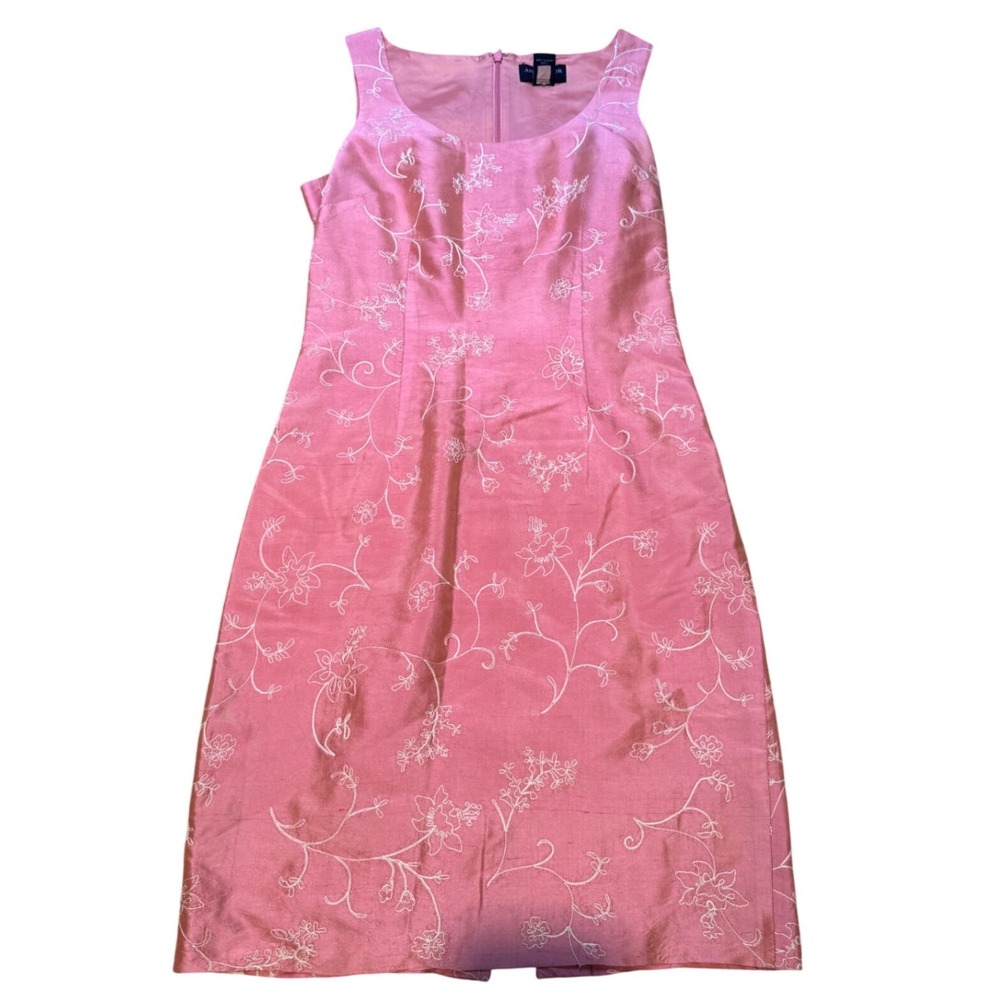 Ann Taylor Petites Pink Embroidered Raw Silk Sheath Dress Floral 2P Sleeveless - Picture 2 of 8